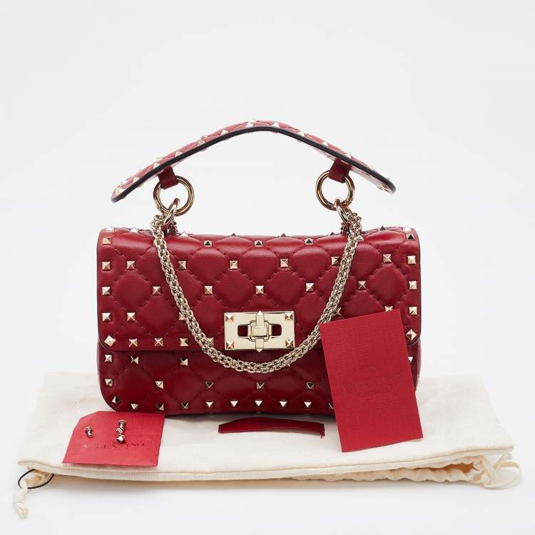 Pre Owned Valentino Red Quilted Leather Small Rockstud Spike Chain Shoulder Bag
