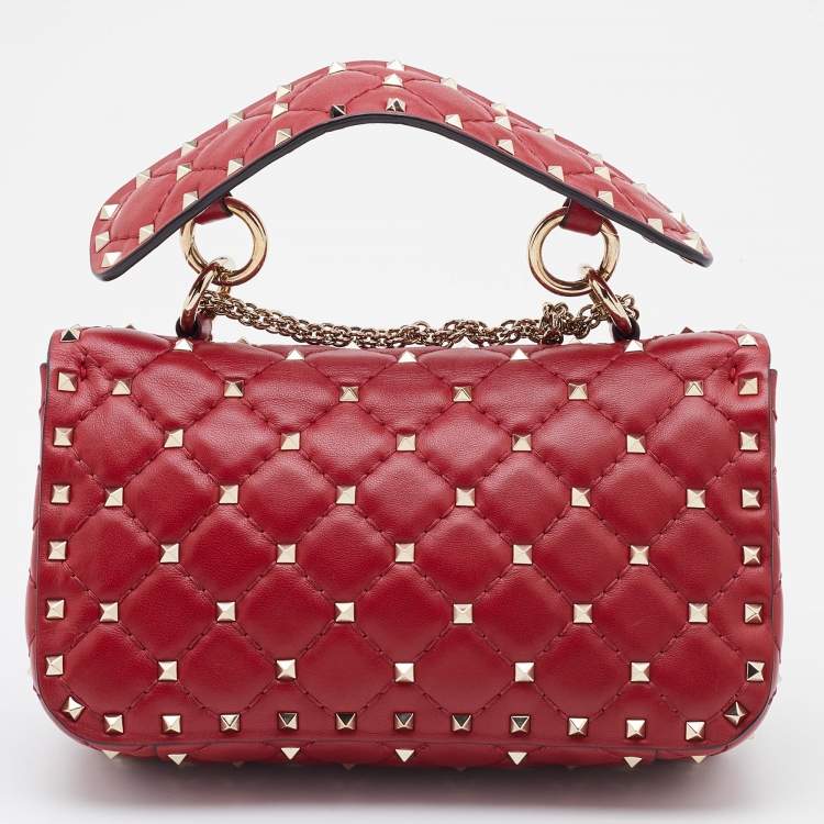 Pre Owned Valentino Red Quilted Leather Small Rockstud Spike Chain Shoulder Bag