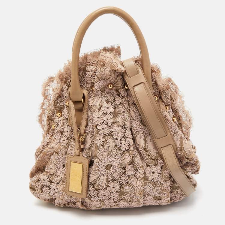 Pre Owned Valentino Beige/Pink Lace And Leather Pleated Studded Dome Satchel