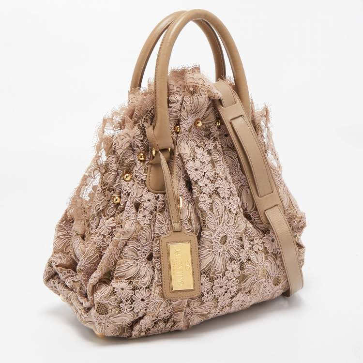 Pre Owned Valentino Beige/Pink Lace And Leather Pleated Studded Dome Satchel