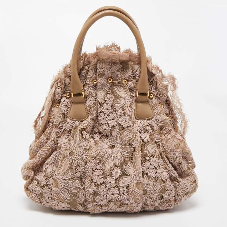 Pre Owned Valentino Beige/Pink Lace And Leather Pleated Studded Dome Satchel