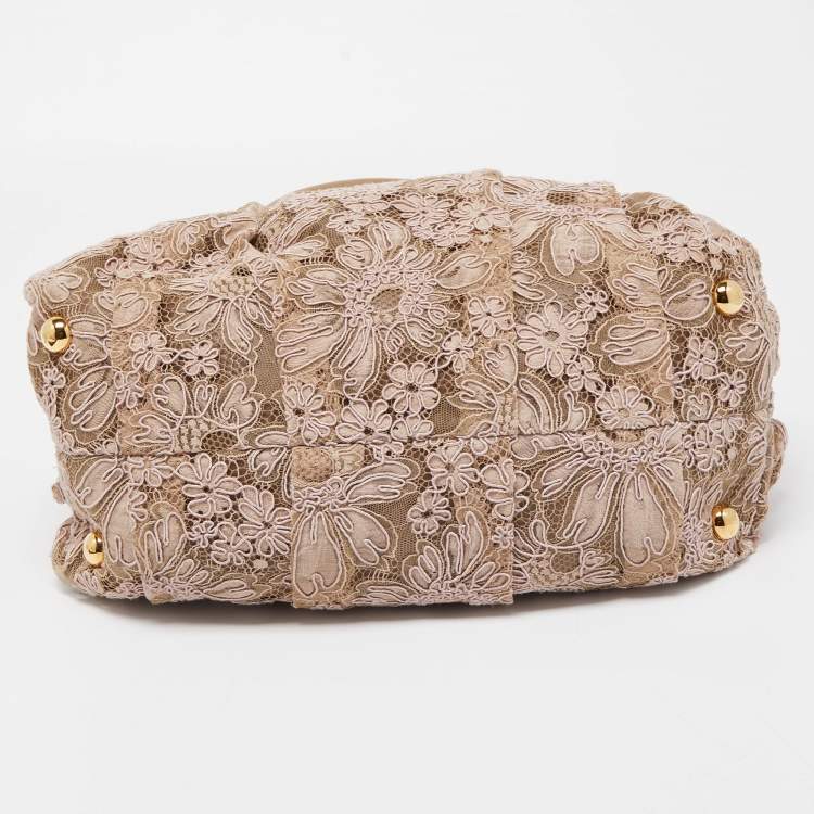 Pre Owned Valentino Beige/Pink Lace And Leather Pleated Studded Dome Satchel