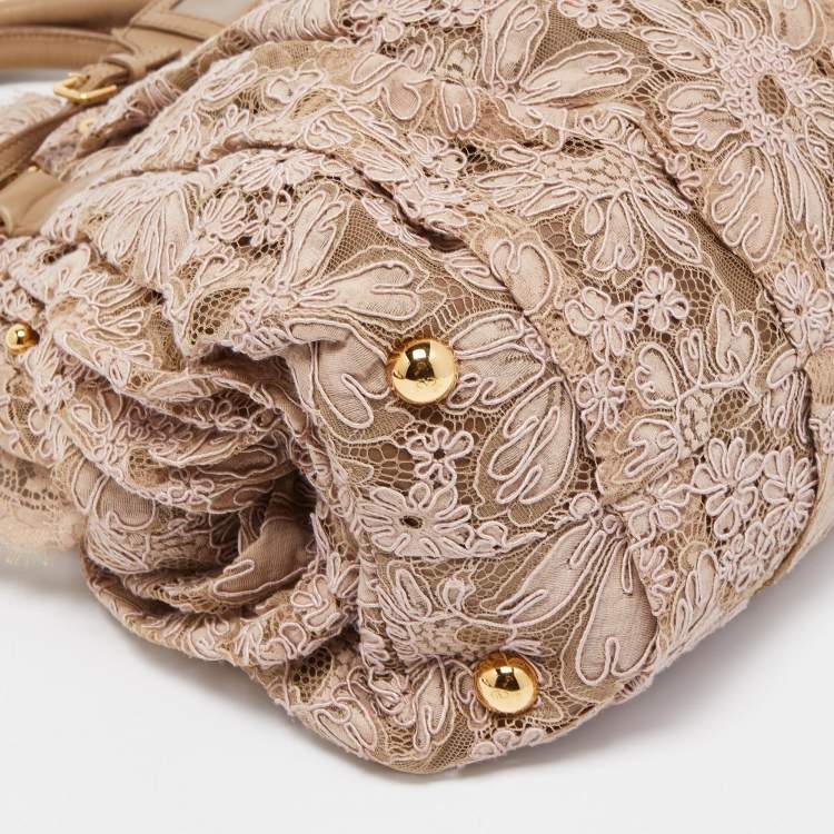 Pre Owned Valentino Beige/Pink Lace And Leather Pleated Studded Dome Satchel