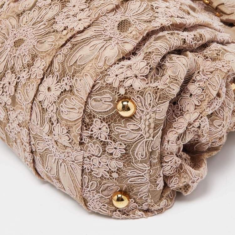 Pre Owned Valentino Beige/Pink Lace And Leather Pleated Studded Dome Satchel