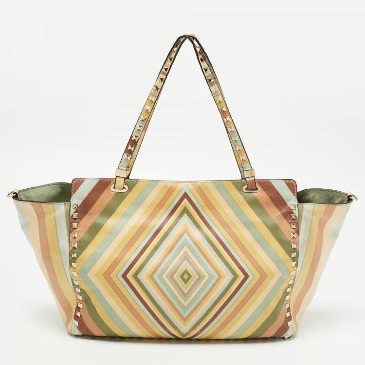 Pre Owned Valentino Multicolor 1975 Striped Leather Rockstud Trapeze Tote