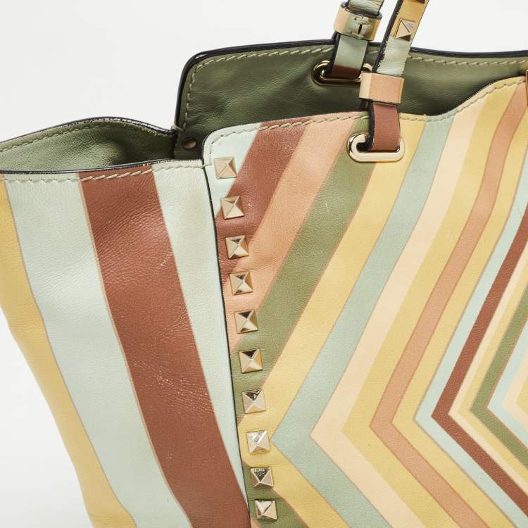 Pre Owned Valentino Multicolor 1975 Striped Leather Rockstud Trapeze Tote