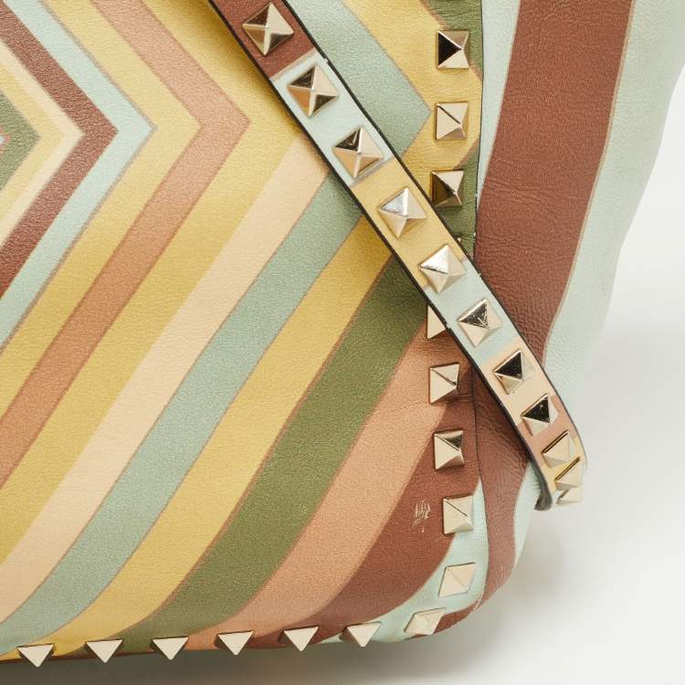 Pre Owned Valentino Multicolor 1975 Striped Leather Rockstud Trapeze Tote