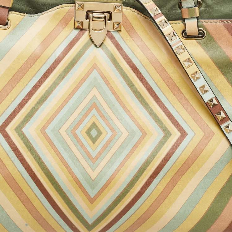 Pre Owned Valentino Multicolor 1975 Striped Leather Rockstud Trapeze Tote
