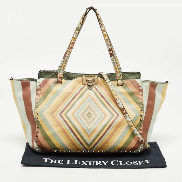 Pre Owned Valentino Multicolor 1975 Striped Leather Rockstud Trapeze Tote