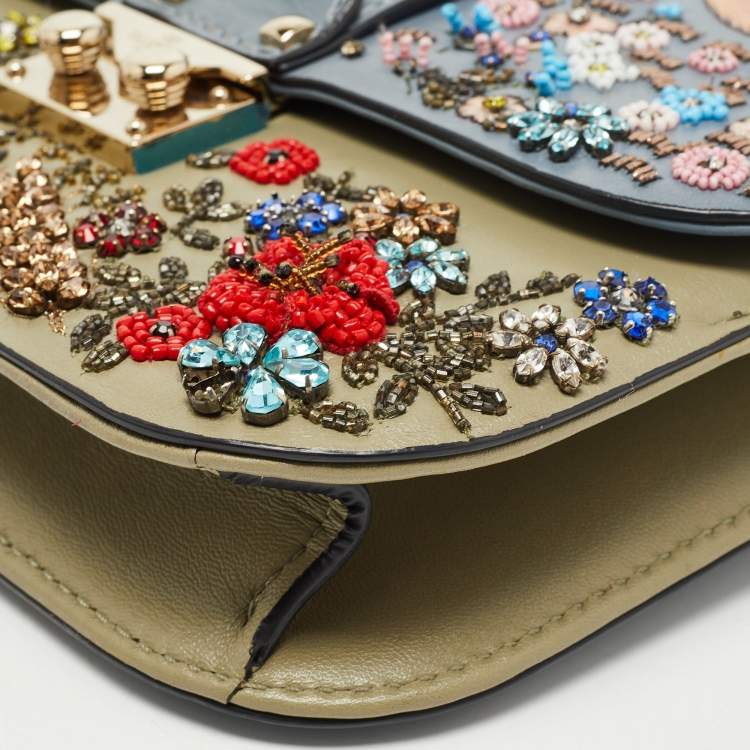 Pre Owned Valentino Multicolor Leather Small Floral Embellished Rockstud Glam Lock Flap Bag