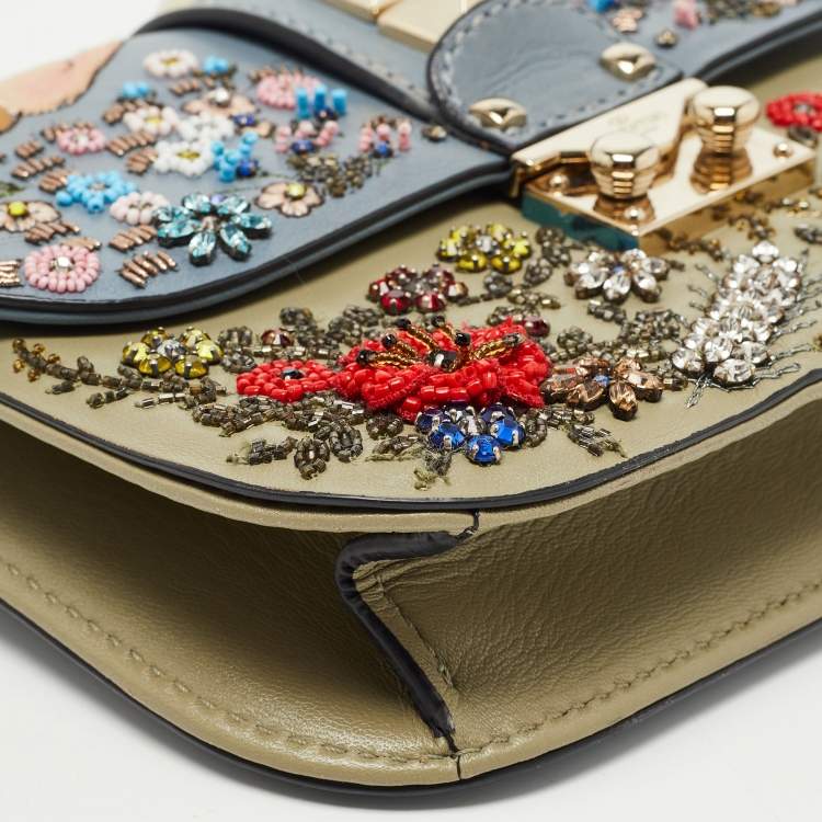 Pre Owned Valentino Multicolor Leather Small Floral Embellished Rockstud Glam Lock Flap Bag