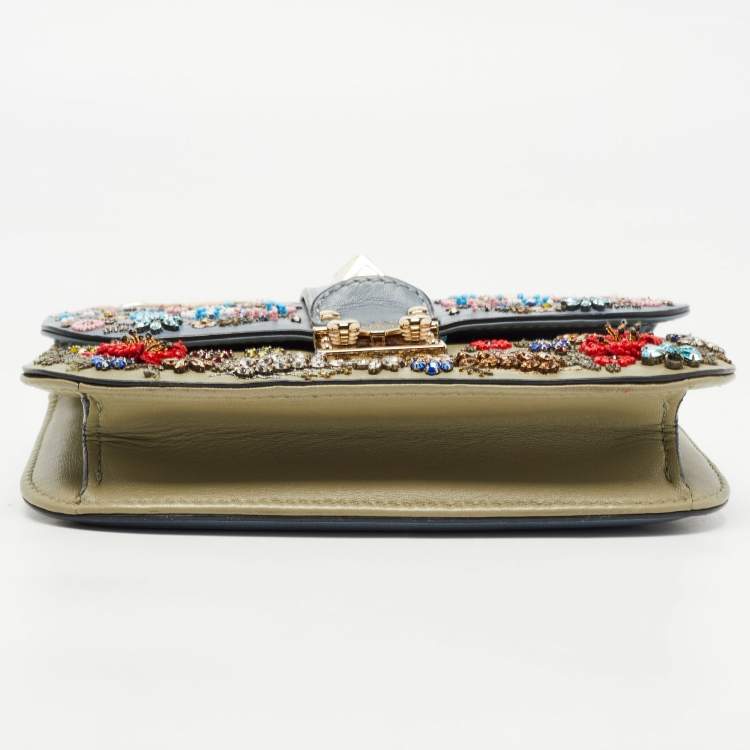 Pre Owned Valentino Multicolor Leather Small Floral Embellished Rockstud Glam Lock Flap Bag