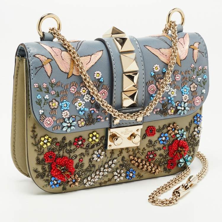 Pre Owned Valentino Multicolor Leather Small Floral Embellished Rockstud Glam Lock Flap Bag