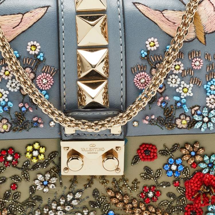 Pre Owned Valentino Multicolor Leather Small Floral Embellished Rockstud Glam Lock Flap Bag