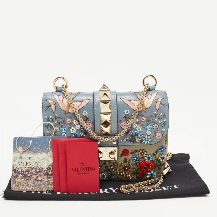 Pre Owned Valentino Multicolor Leather Small Floral Embellished Rockstud Glam Lock Flap Bag