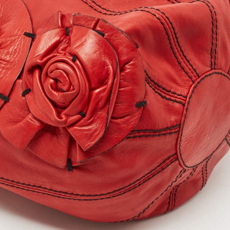 Pre Owned Valentino Red Leather Floral Applique Hobo