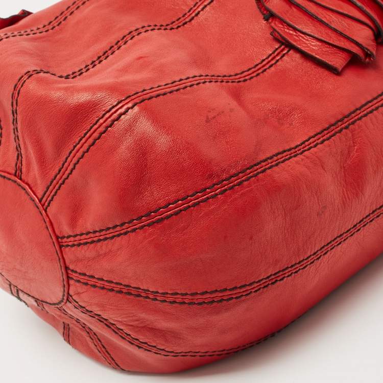 Pre Owned Valentino Red Leather Floral Applique Hobo