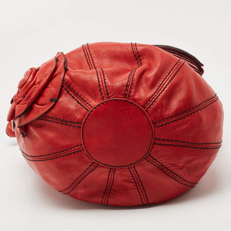 Pre Owned Valentino Red Leather Floral Applique Hobo