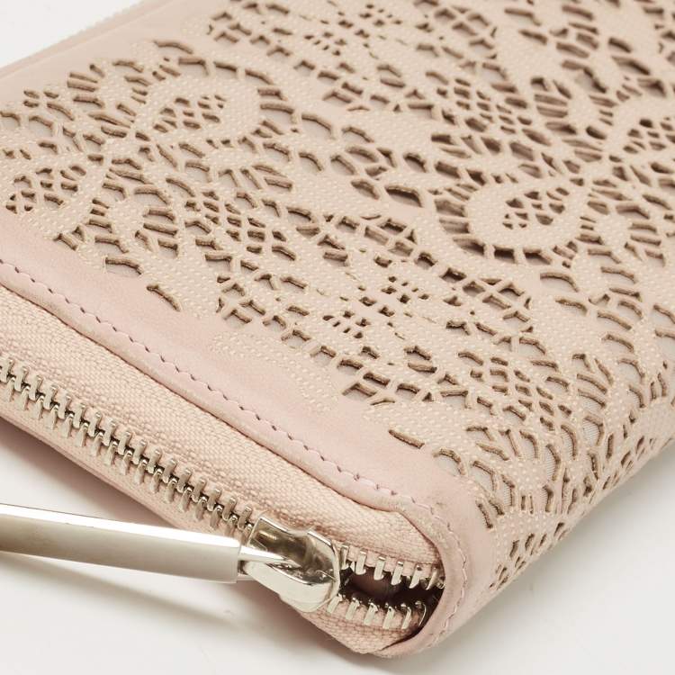 Pre Owned Valentino Pink Perforated Leather Zip Around Wallet