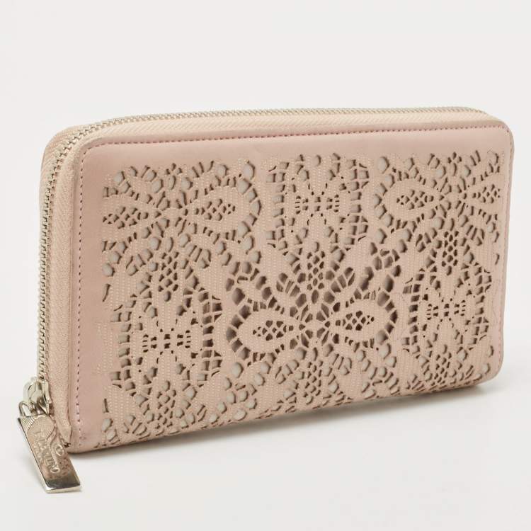 Pre Owned Valentino Pink Perforated Leather Zip Around Wallet