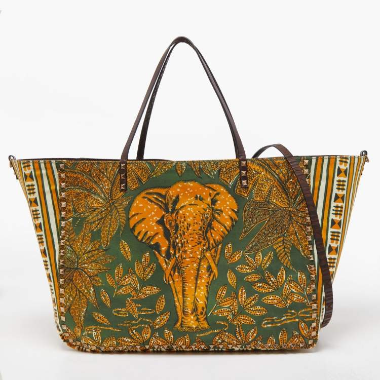 Pre Owned Valentino Dark Brown Primitive Animal Elephant Leather Large Rockstud Tote 