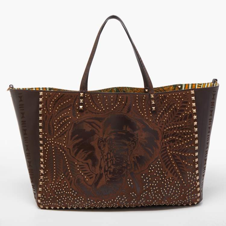 Pre Owned Valentino Dark Brown Primitive Animal Elephant Leather Large Rockstud Tote 
