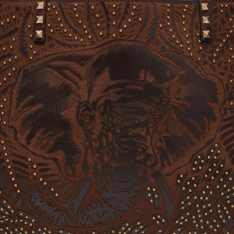 Pre Owned Valentino Dark Brown Primitive Animal Elephant Leather Large Rockstud Tote 