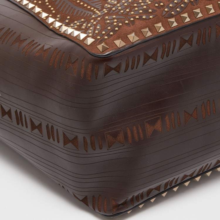 Pre Owned Valentino Dark Brown Primitive Animal Elephant Leather Large Rockstud Tote 