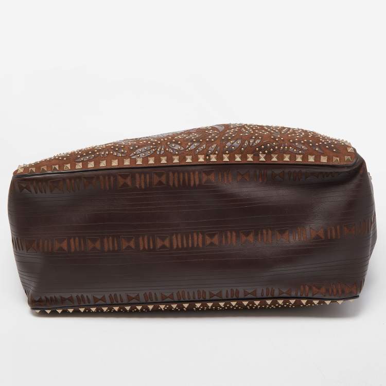 Pre Owned Valentino Dark Brown Primitive Animal Elephant Leather Large Rockstud Tote 