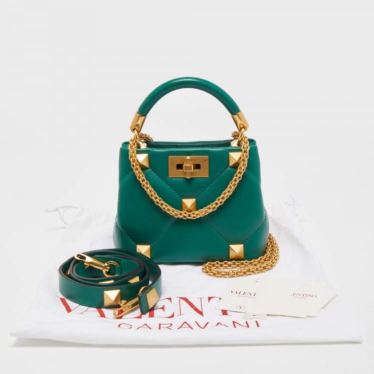 Pre Owned Valentino Green Leather Roman Stud Top Handle Bag