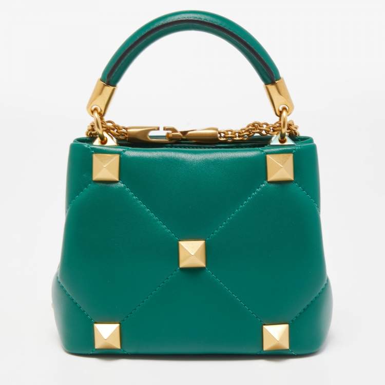 Pre Owned Valentino Green Leather Roman Stud Top Handle Bag