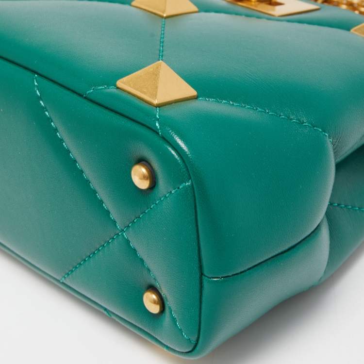 Pre Owned Valentino Green Leather Roman Stud Top Handle Bag