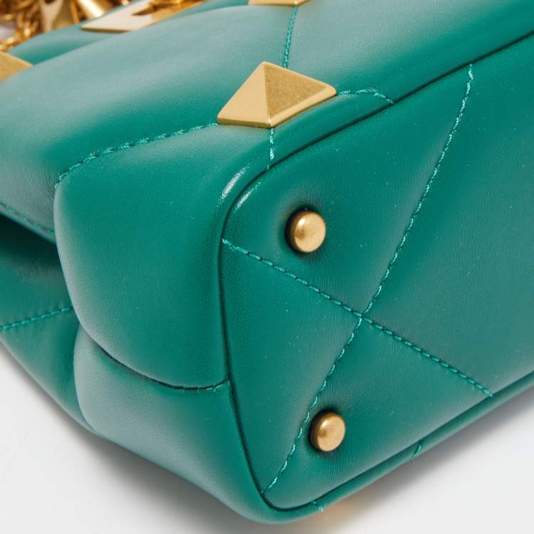 Pre Owned Valentino Green Leather Roman Stud Top Handle Bag