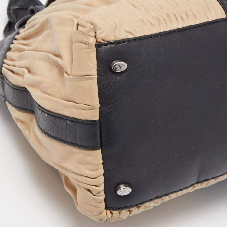 Pre Owned Valentino Black/Beige Pleated Leather Catch Satchel