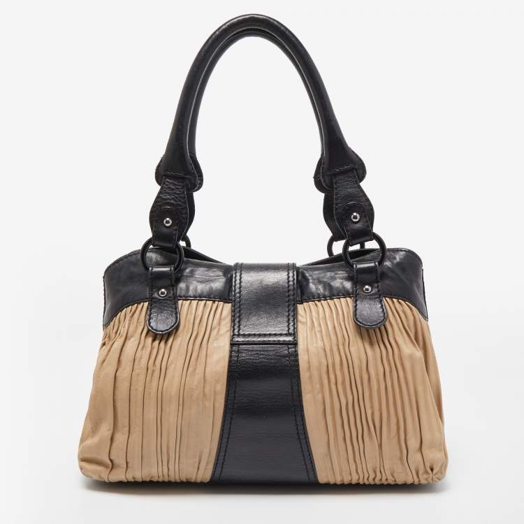 Pre Owned Valentino Black/Beige Pleated Leather Catch Satchel