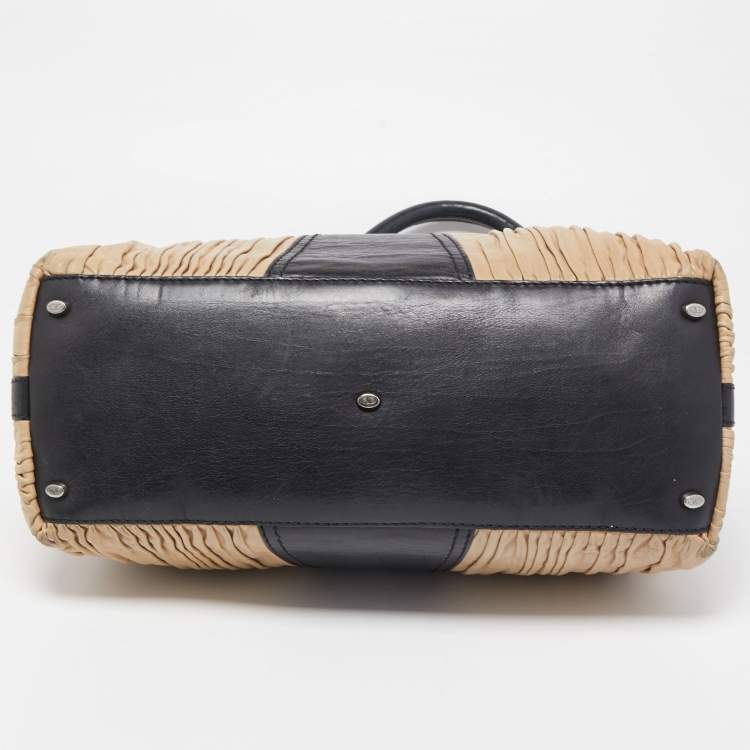 Pre Owned Valentino Black/Beige Pleated Leather Catch Satchel