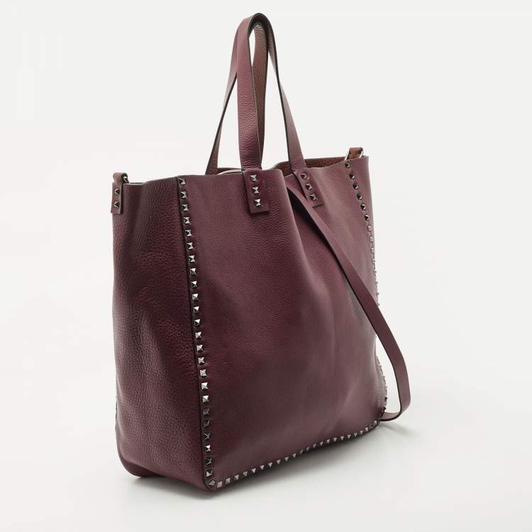Pre Owned Valentino Burgundy/Brown Leather Rockstud Reversible Tote