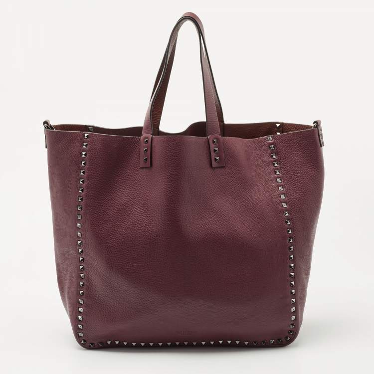 Pre Owned Valentino Burgundy/Brown Leather Rockstud Reversible Tote