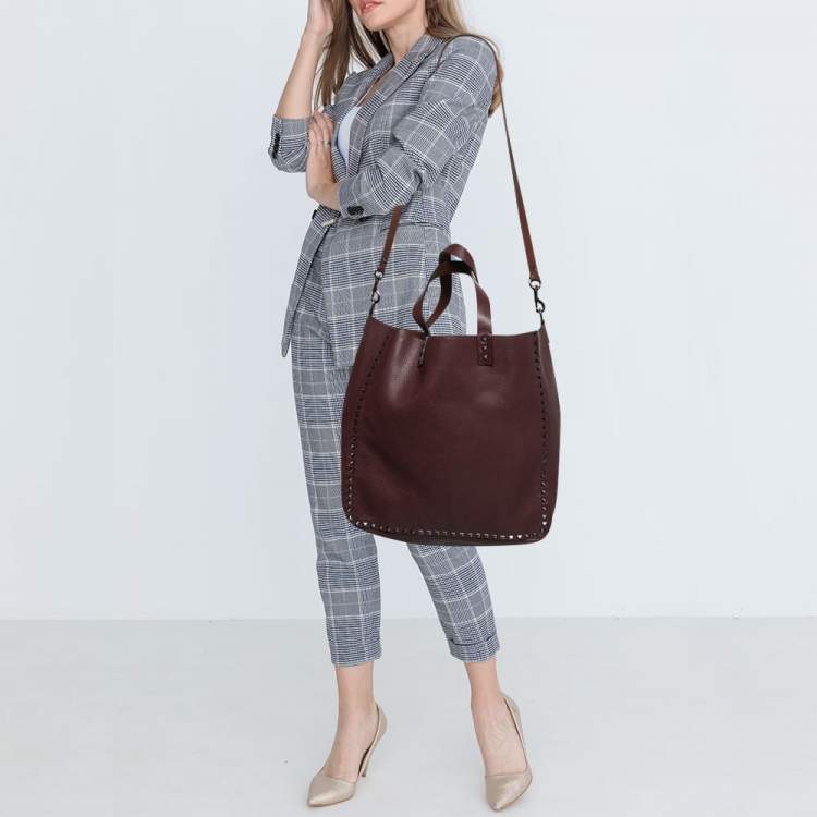 Pre Owned Valentino Burgundy/Brown Leather Rockstud Reversible Tote