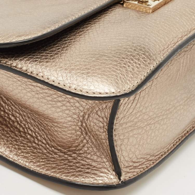 Pre Owned Valentino Metallic Gold Leather Rockstud Medium Glam Lock Flap Bag