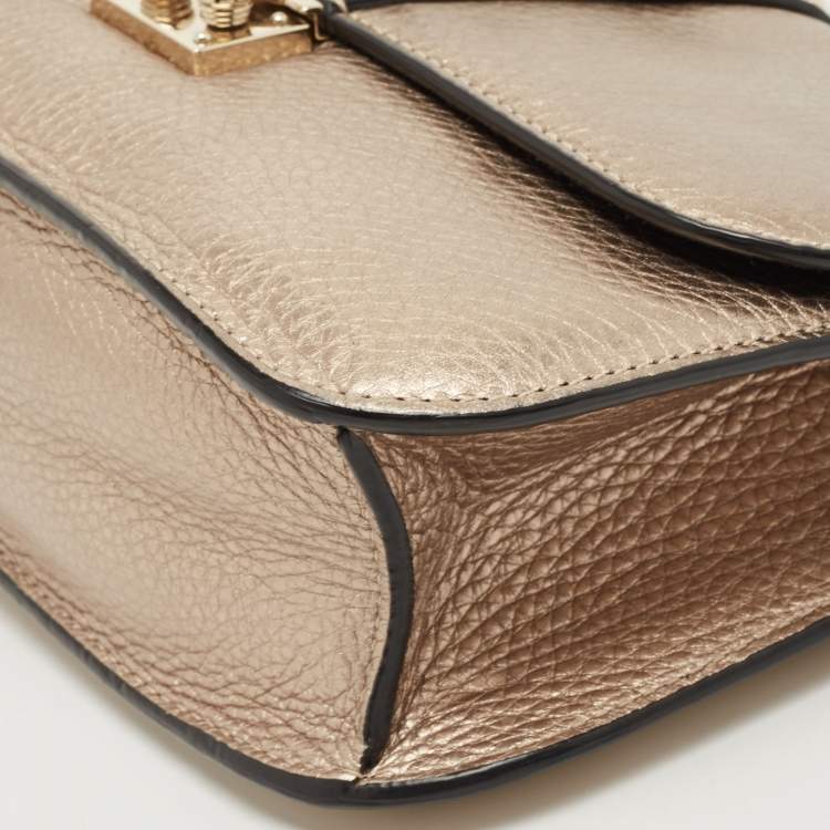 Pre Owned Valentino Metallic Gold Leather Rockstud Medium Glam Lock Flap Bag