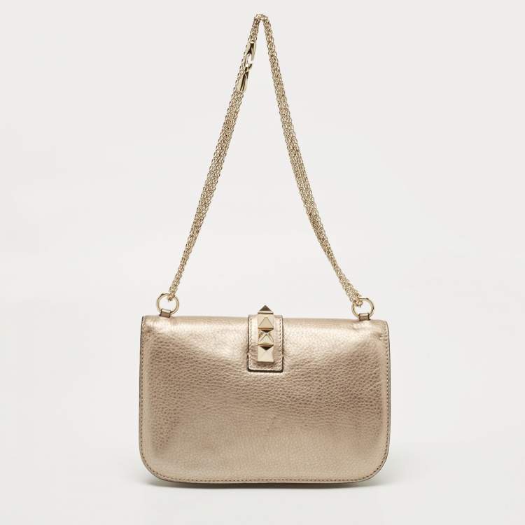 Pre Owned Valentino Metallic Gold Leather Rockstud Medium Glam Lock Flap Bag