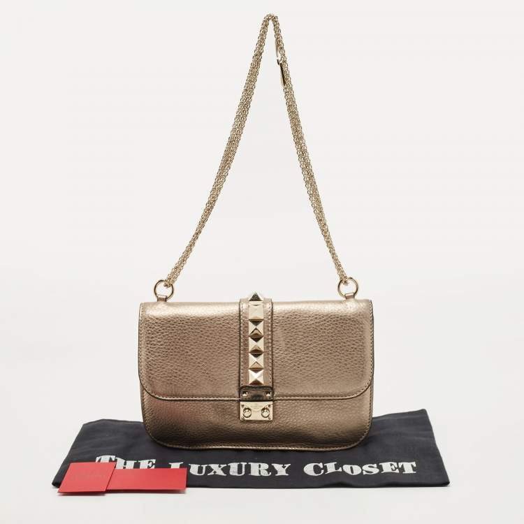 Pre Owned Valentino Metallic Gold Leather Rockstud Medium Glam Lock Flap Bag