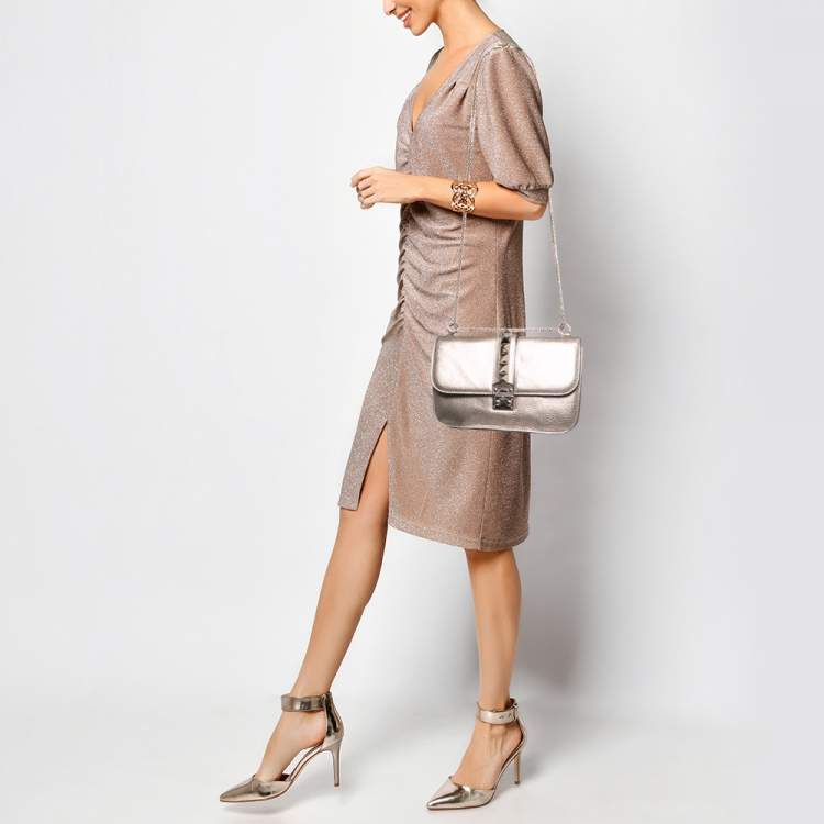 Pre Owned Valentino Metallic Gold Leather Rockstud Medium Glam Lock Flap Bag