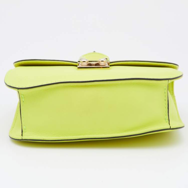 Pre Owned Valentino Neon Green Leather Small Rockstud Glam Lock Flap Bag