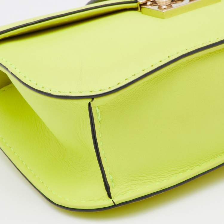 Pre Owned Valentino Neon Green Leather Small Rockstud Glam Lock Flap Bag