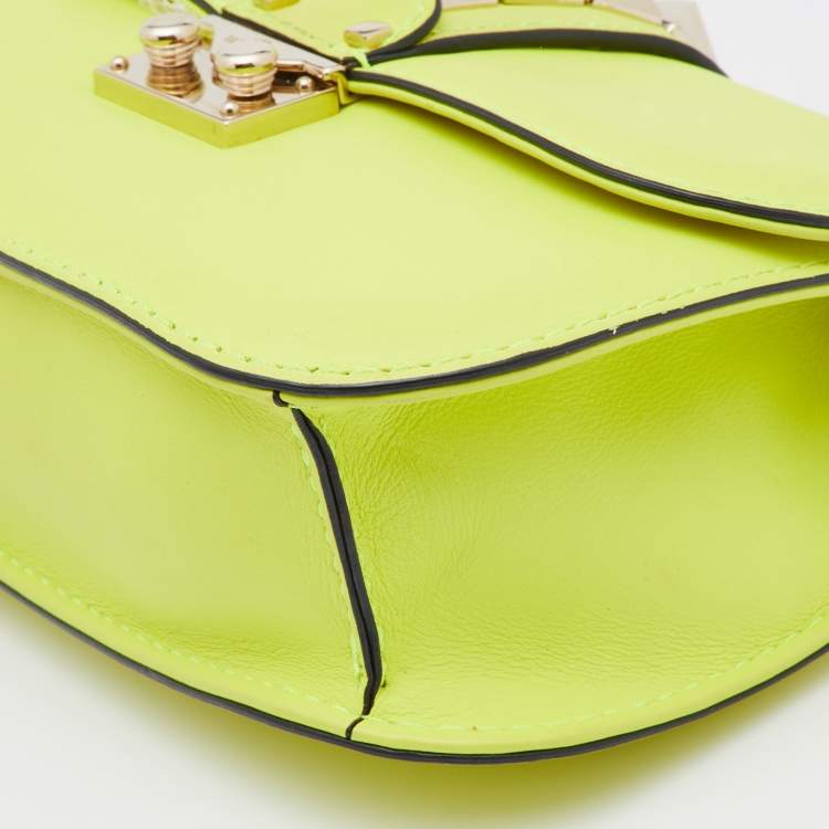 Pre Owned Valentino Neon Green Leather Small Rockstud Glam Lock Flap Bag