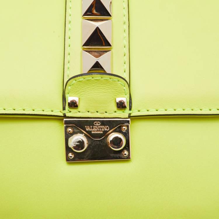 Pre Owned Valentino Neon Green Leather Small Rockstud Glam Lock Flap Bag