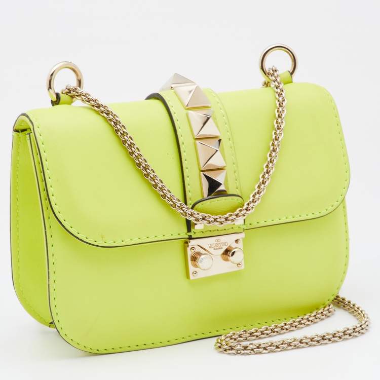Pre Owned Valentino Neon Green Leather Small Rockstud Glam Lock Flap Bag