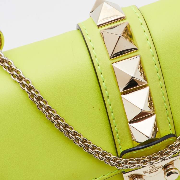Pre Owned Valentino Neon Green Leather Small Rockstud Glam Lock Flap Bag